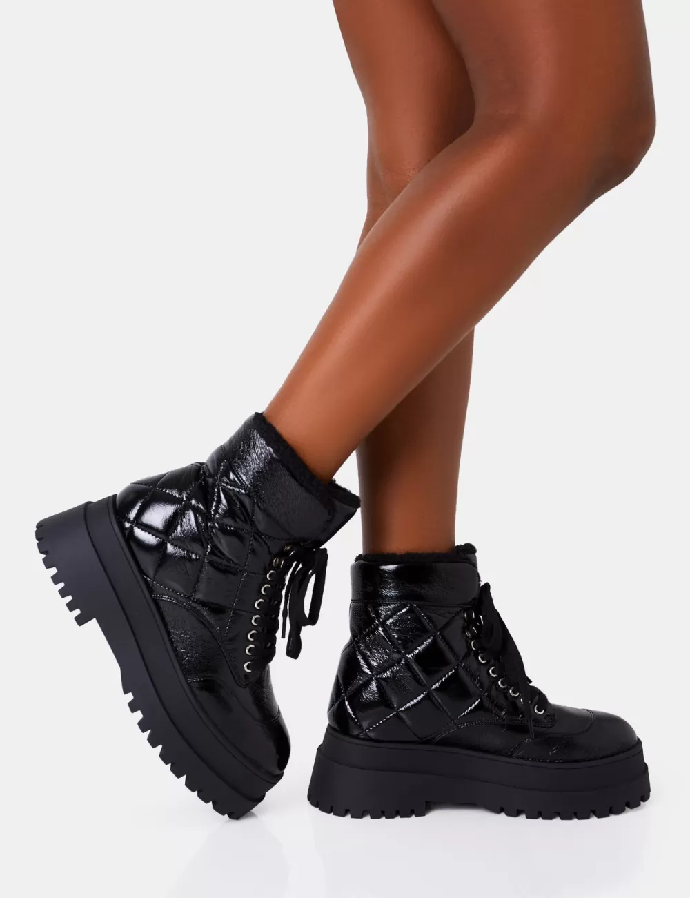 Online Public Desire Magda Black Patent Quilted Chunky Sole Rounded Toe Ankle Boots