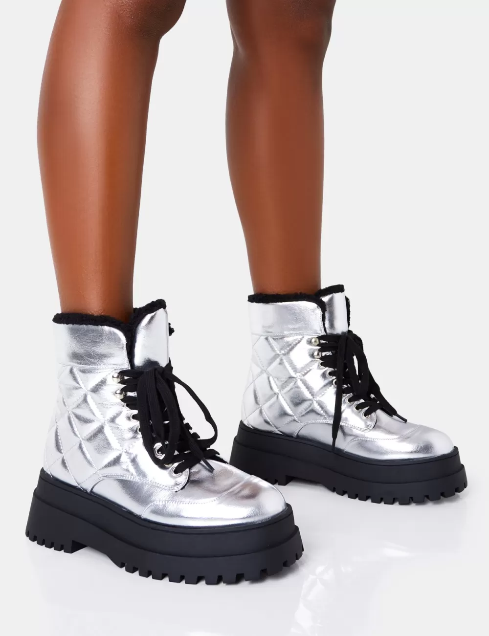 Outlet Public Desire Magda Patent Quilted Chunky Sole Rounded Toe Ankle Boots Silver