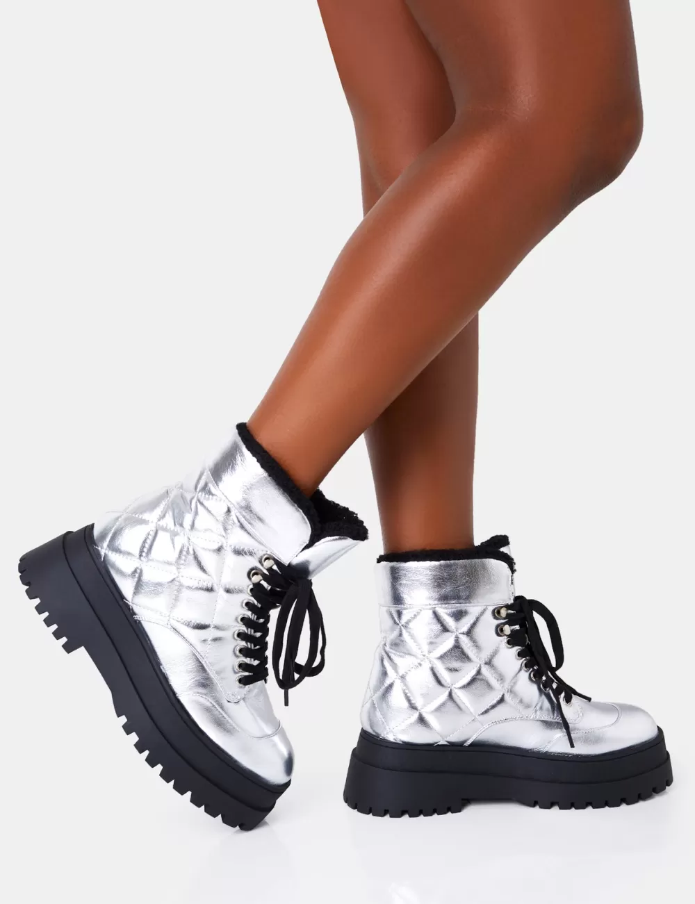 Outlet Public Desire Magda Patent Quilted Chunky Sole Rounded Toe Ankle Boots Silver