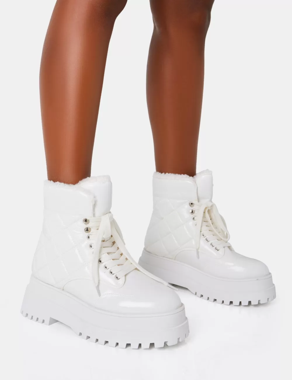 Best Public Desire Magda Patent Quilted Chunky Sole Rounded Toe Ankle Boots White