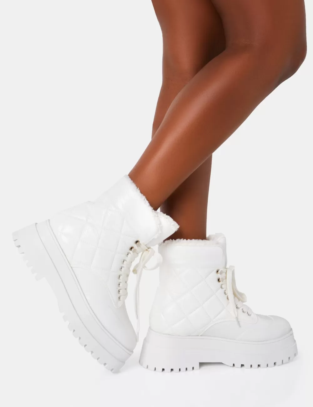 Best Public Desire Magda Patent Quilted Chunky Sole Rounded Toe Ankle Boots White