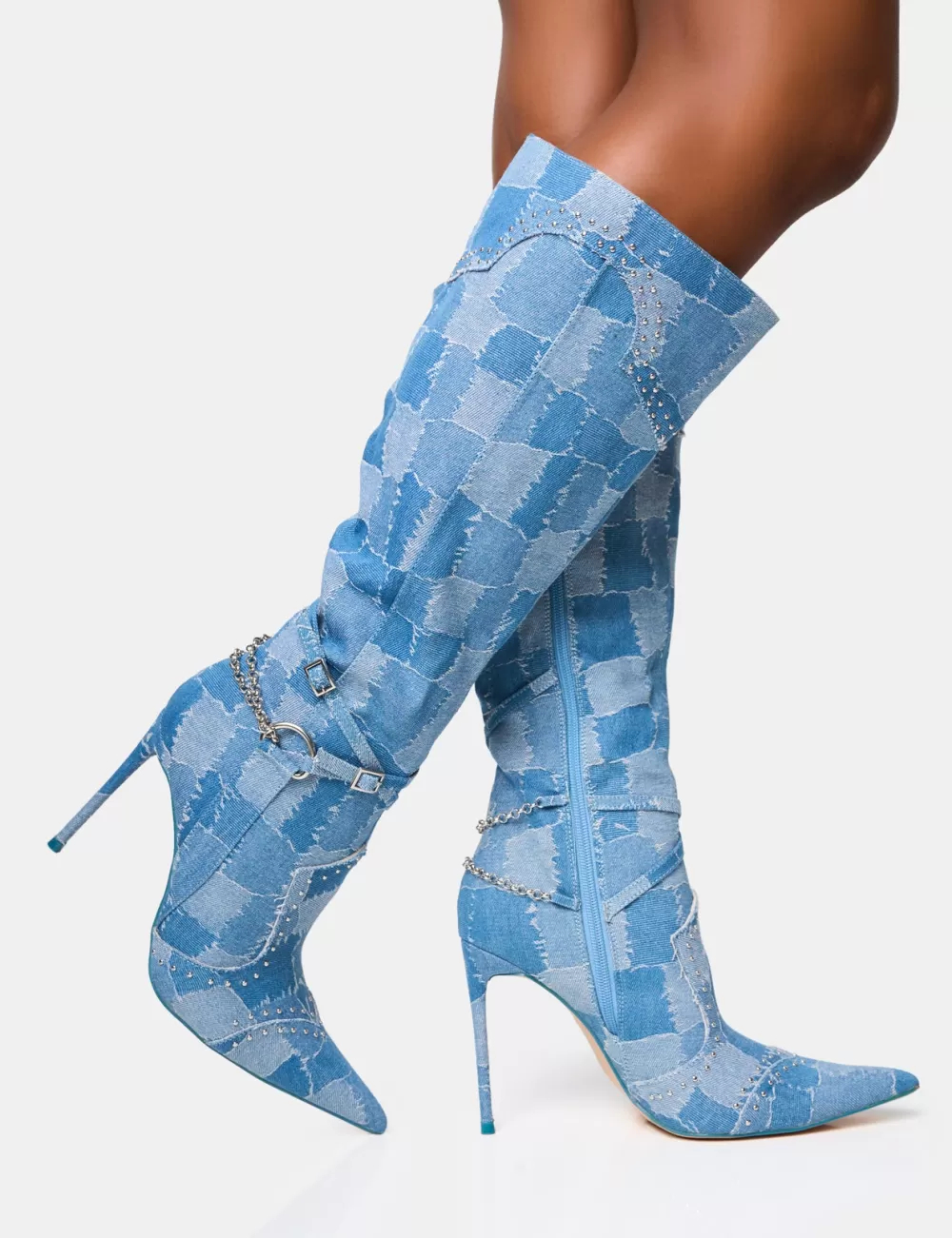 Hot Public Desire Main Character Embellished Denim Patchwork Pointed Toe Stiletto Boots Blue