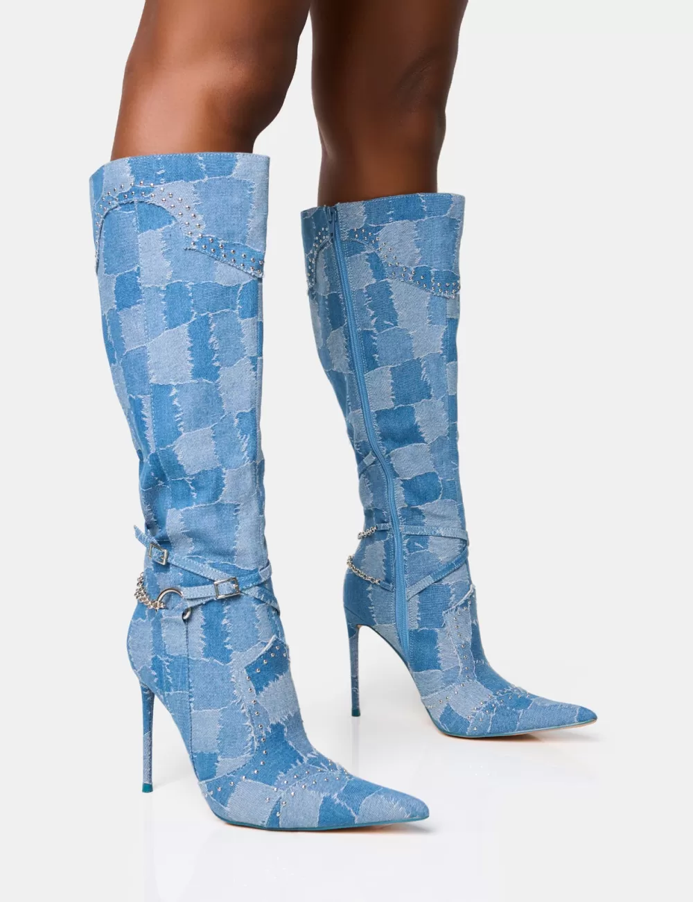 Hot Public Desire Main Character Embellished Denim Patchwork Pointed Toe Stiletto Boots Blue