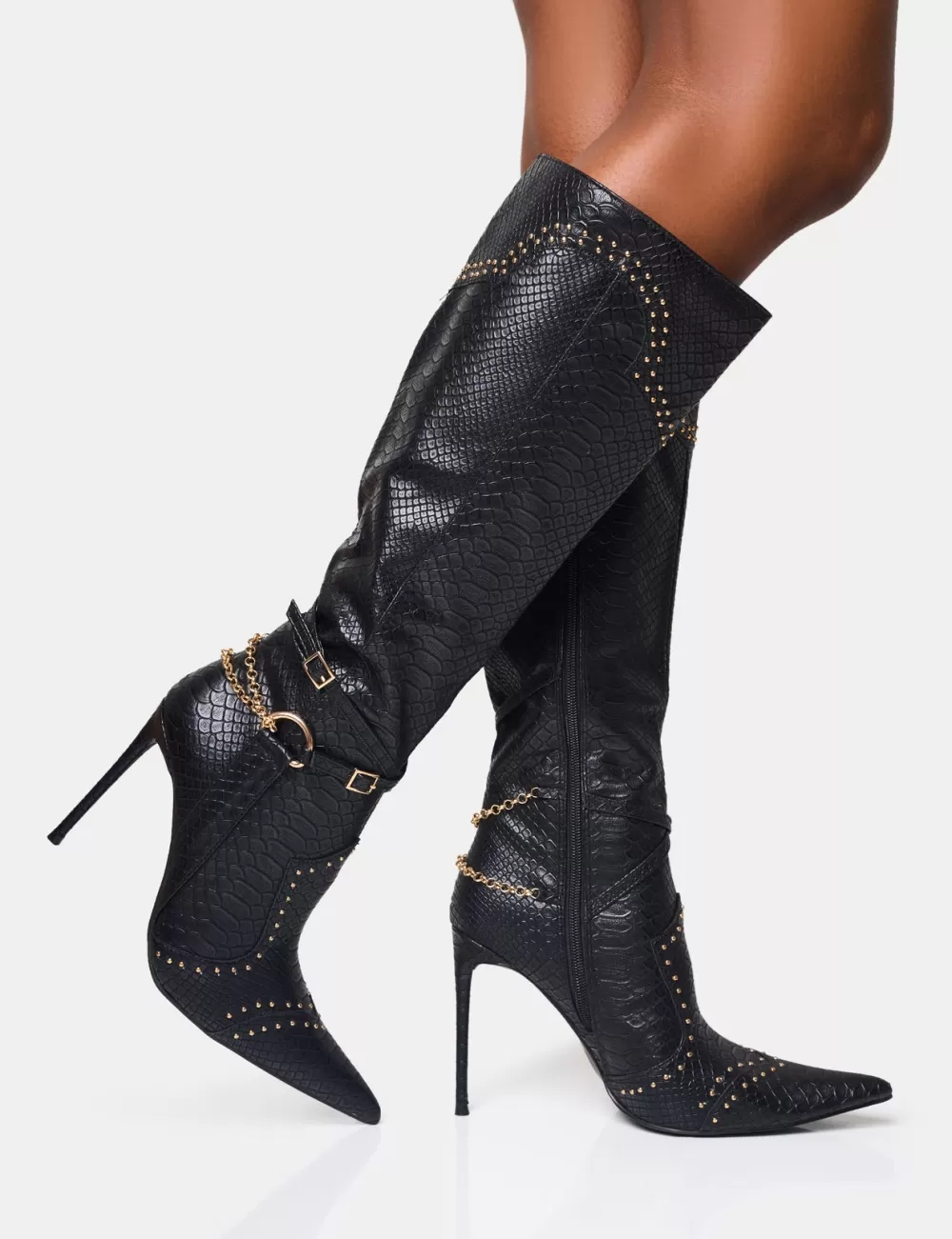 Discount Public Desire Main Character Embellished Vintage Pointed Toe Stiletto Boots Black