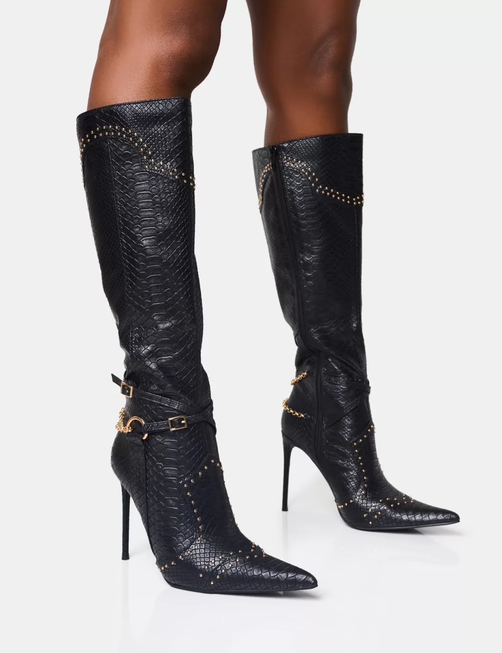 Discount Public Desire Main Character Embellished Vintage Pointed Toe Stiletto Boots Black