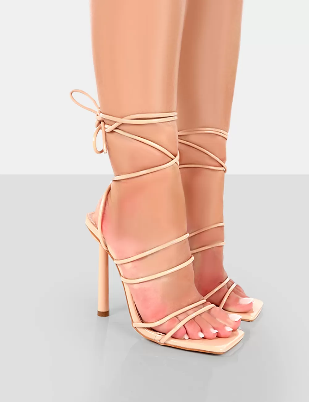 New Public Desire Make Way Patent Strappy Lace Up Square Toe Stilettos Nude