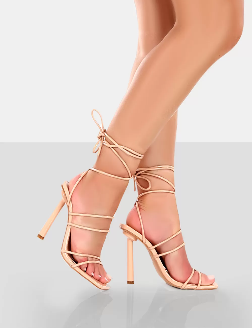 New Public Desire Make Way Patent Strappy Lace Up Square Toe Stilettos Nude
