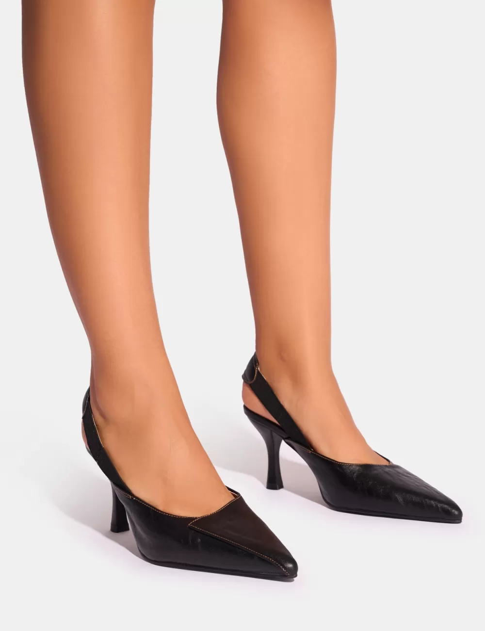 Discount Public Desire Malia Vintage Fold Over Detail Cushioned Slingback Court Heels Black