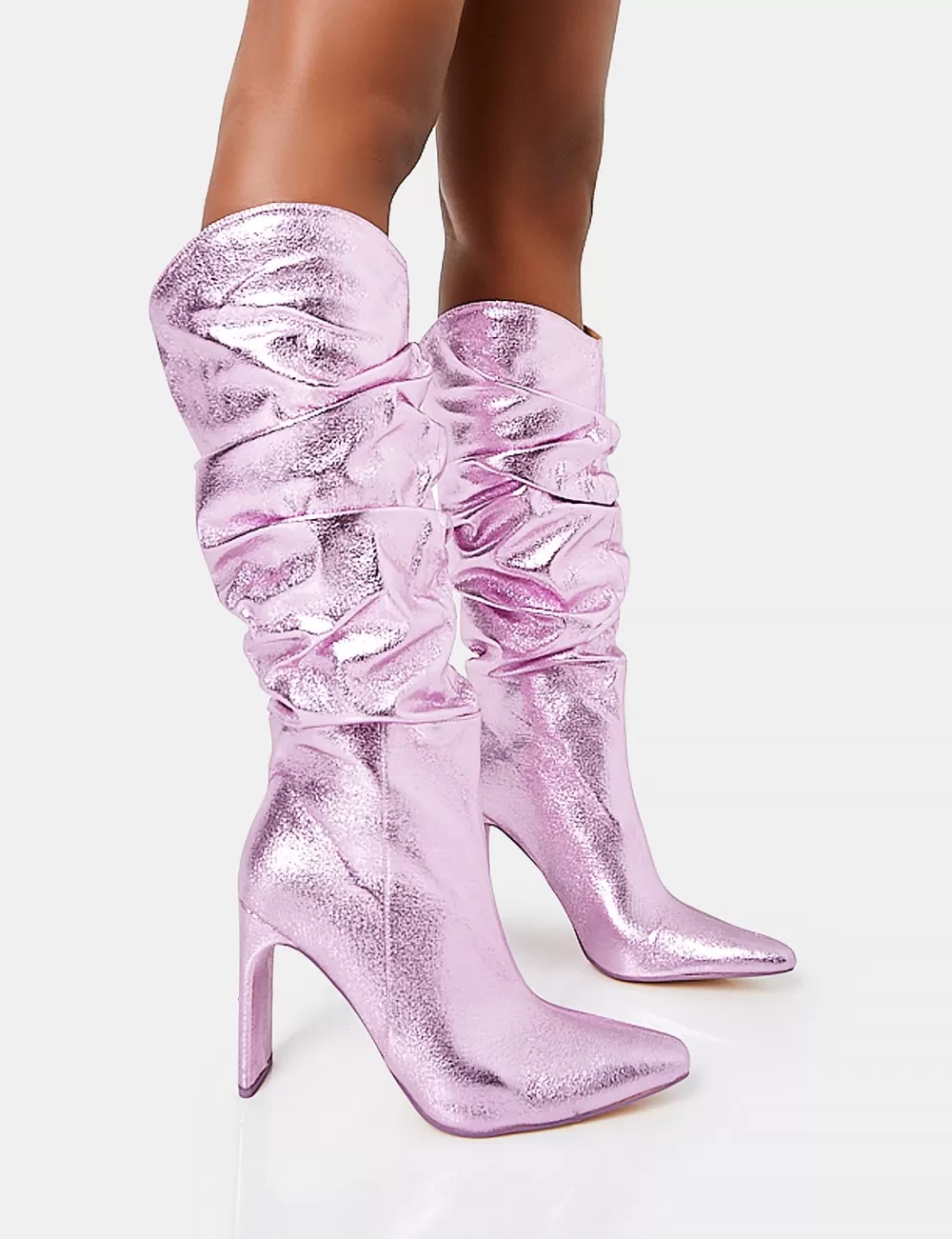 New Public Desire Manhattan Metallic Pointed Toe Knee High Narrow Block Heel Boots Pink