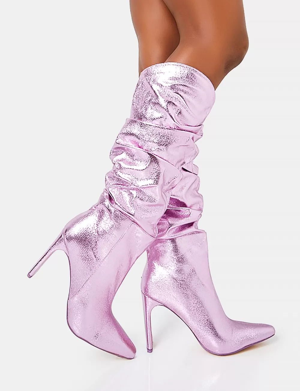 New Public Desire Manhattan Metallic Pointed Toe Knee High Narrow Block Heel Boots Pink