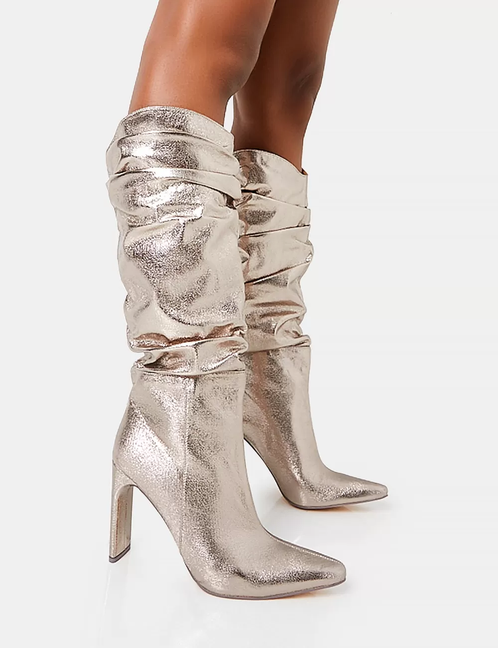 Outlet Public Desire Manhattan Pewter Pointed Toe Knee High Narrow Block Heel Boots Silver