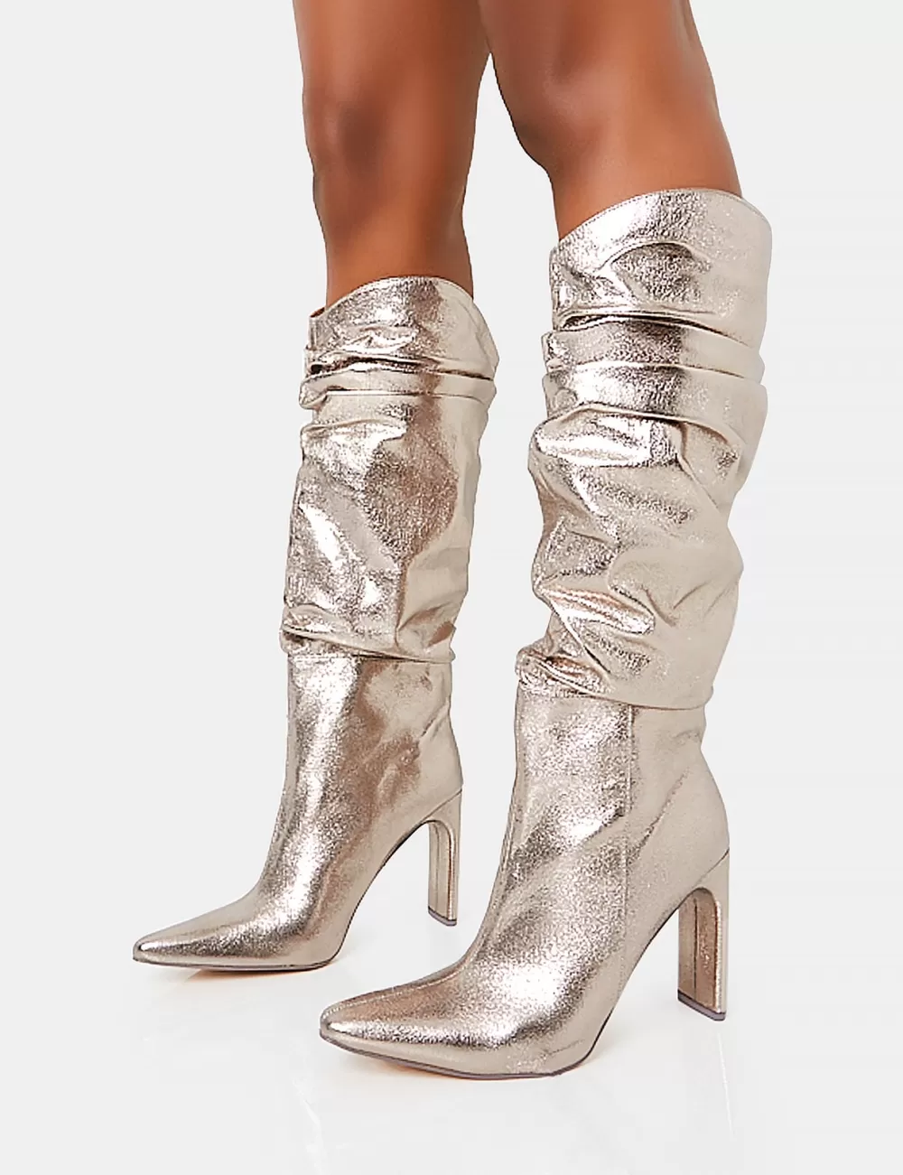 Outlet Public Desire Manhattan Pewter Pointed Toe Knee High Narrow Block Heel Boots Silver