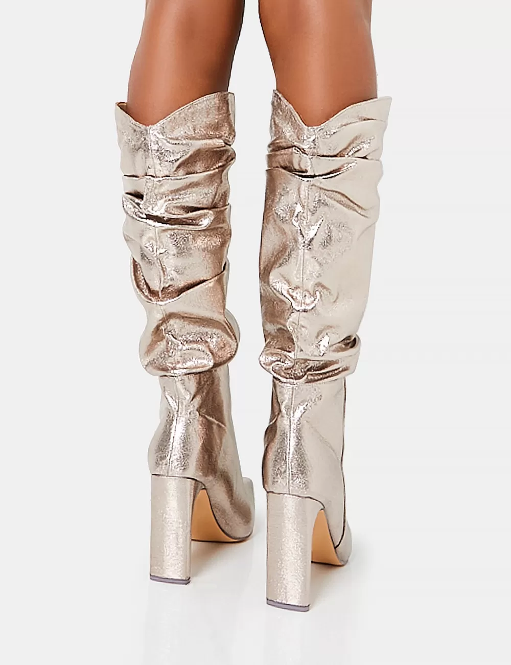 Outlet Public Desire Manhattan Pewter Pointed Toe Knee High Narrow Block Heel Boots Silver