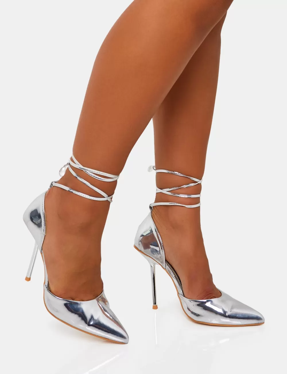 Hot Public Desire Masterpiece Metallic Mirror Pointed Toe Court Stiletto Heels Silver