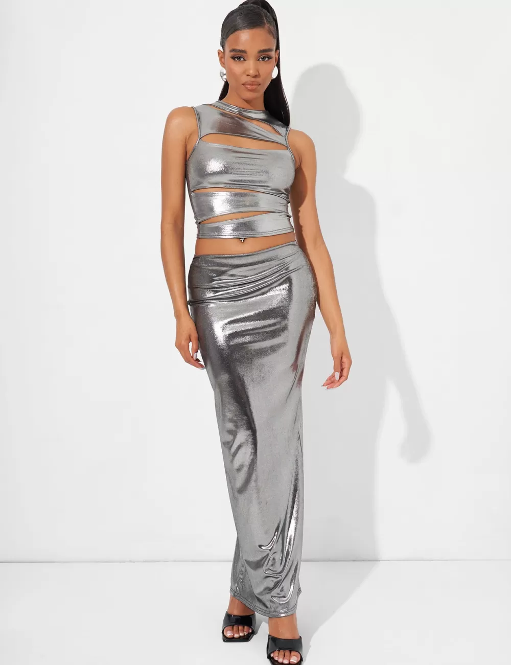 Fashion Public Desire Maxi Skirt Co Ord in Metallic Silver