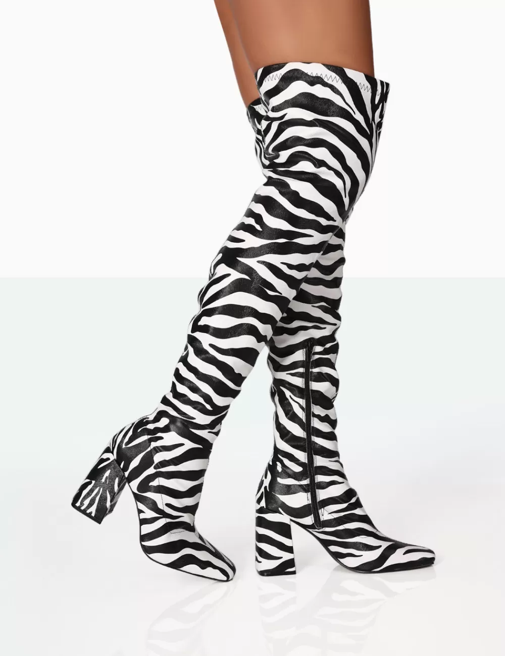 Cheap Public Desire Meridian Zebra Grain PU Block Heel Over the Knee High Boots Monochrome