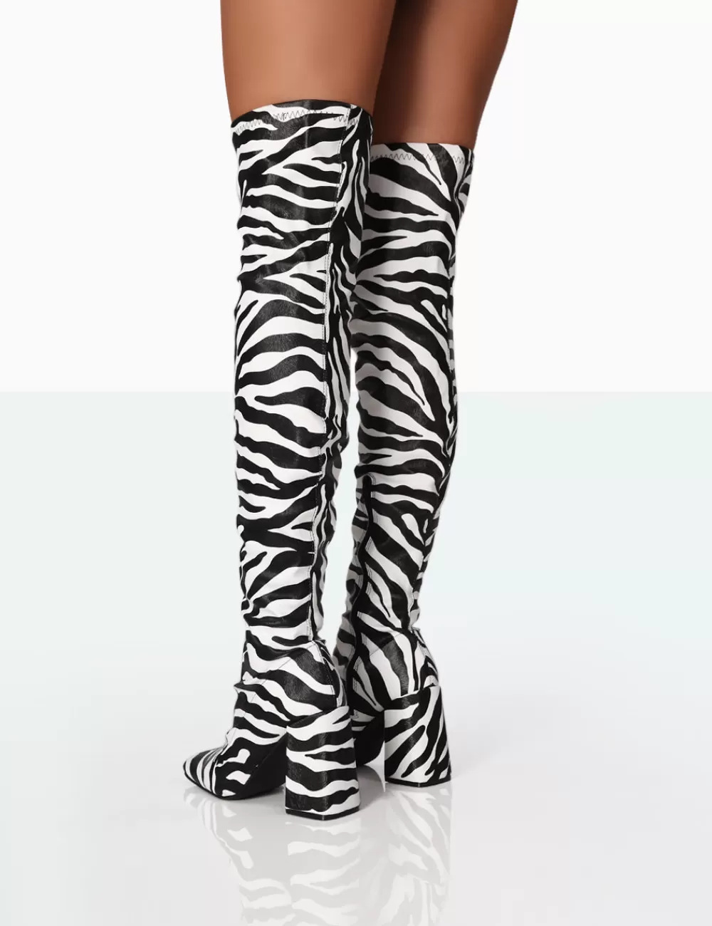 Cheap Public Desire Meridian Zebra Grain PU Block Heel Over the Knee High Boots Monochrome
