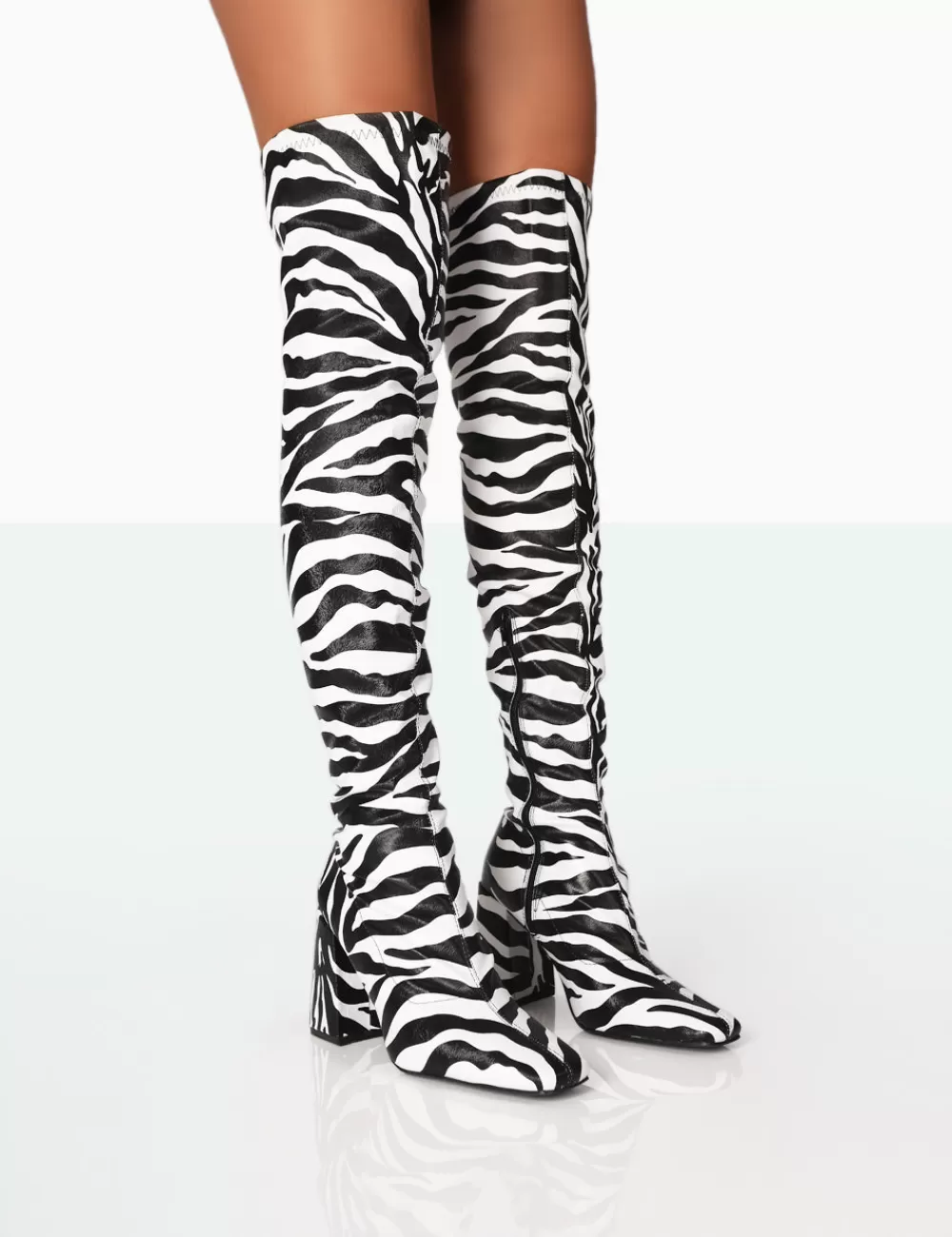 Cheap Public Desire Meridian Zebra Grain PU Block Heel Over the Knee High Boots Monochrome