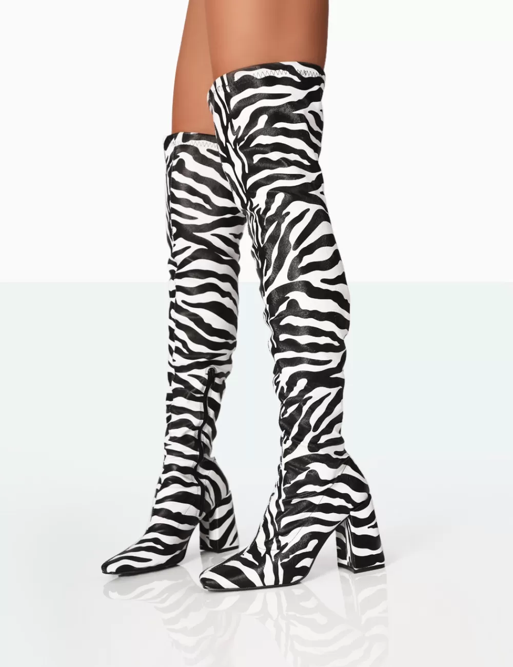 Cheap Public Desire Meridian Zebra Grain PU Block Heel Over the Knee High Boots Monochrome
