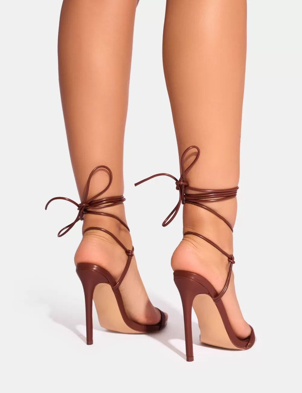 Best Sale Public Desire Merlot Chocolate Lace Up Wrap Around Pointed Toe Stiletto Heel Brown