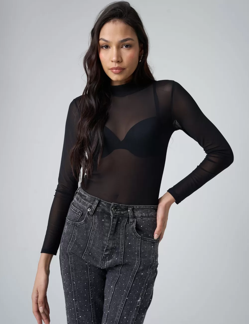 Discount Public Desire Mesh Long Sleeve Bodysuit Black