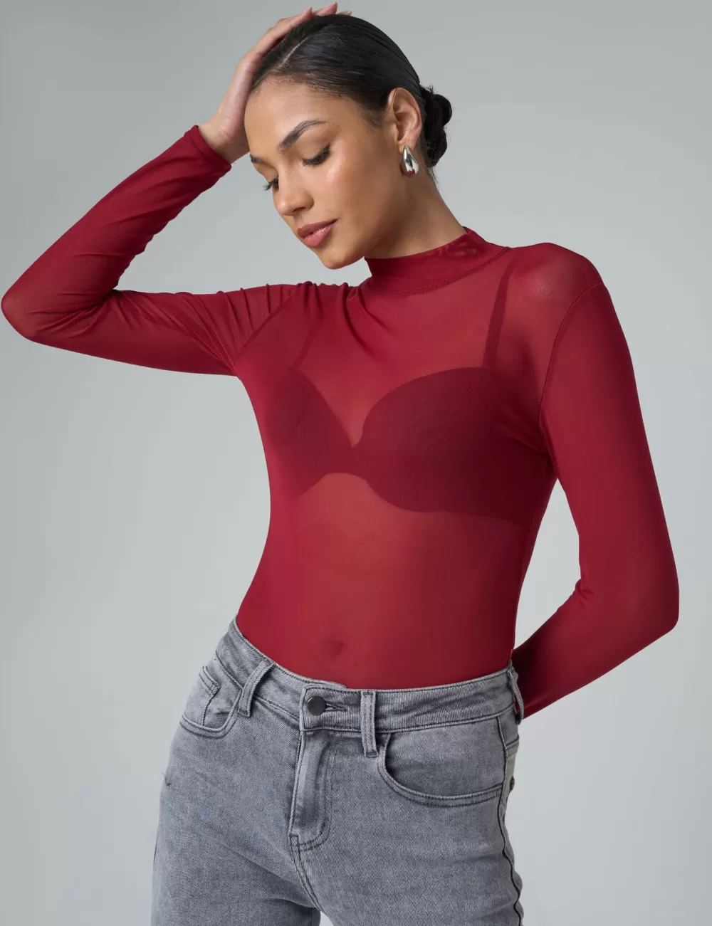 Hot Public Desire Mesh Long Sleeve Bodysuit Burgundy