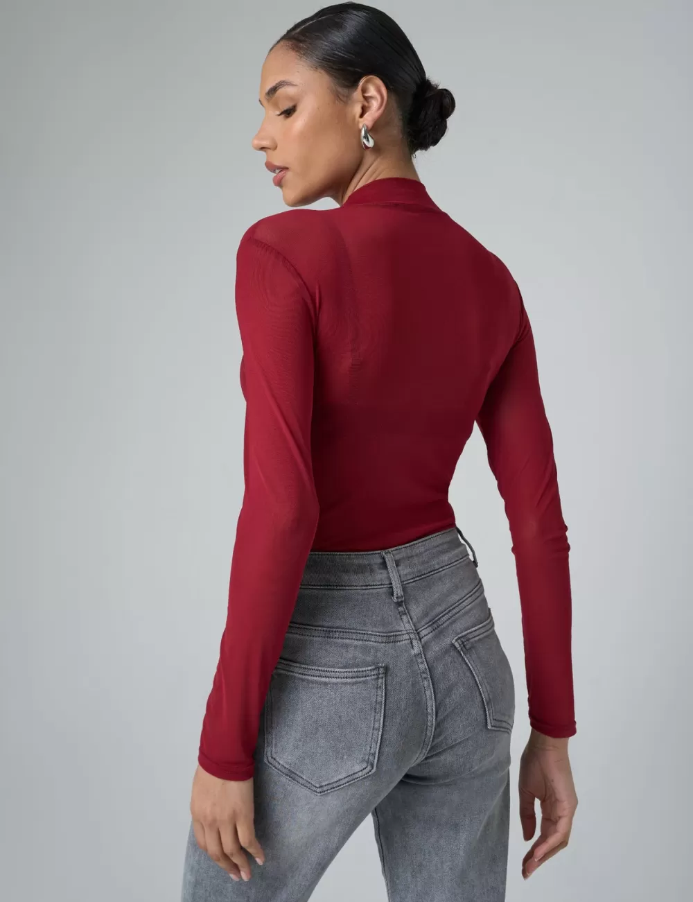 Hot Public Desire Mesh Long Sleeve Bodysuit Burgundy