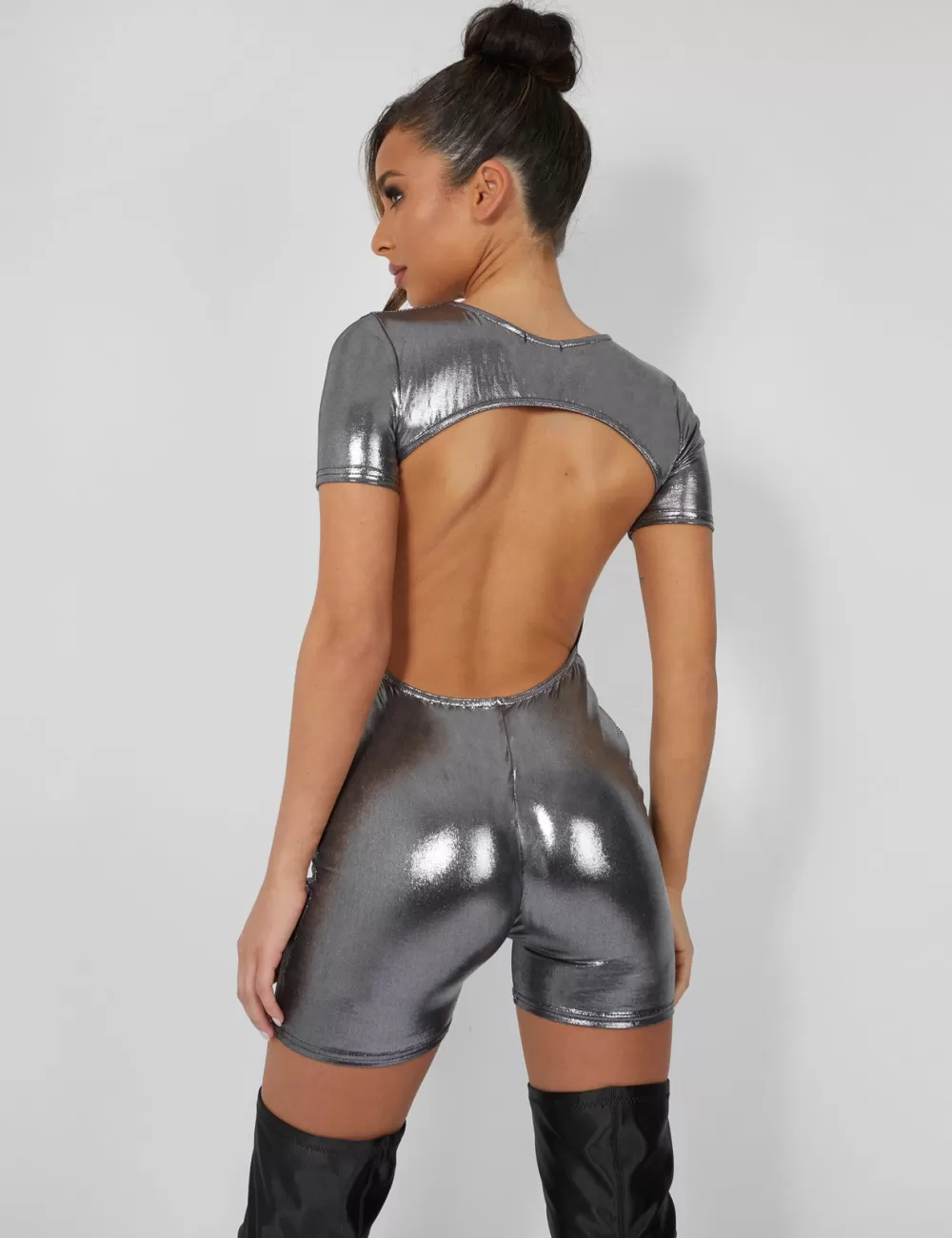 New Public Desire Metallic Open Back Detail Short Sleeve Unitard Playsuit Silver