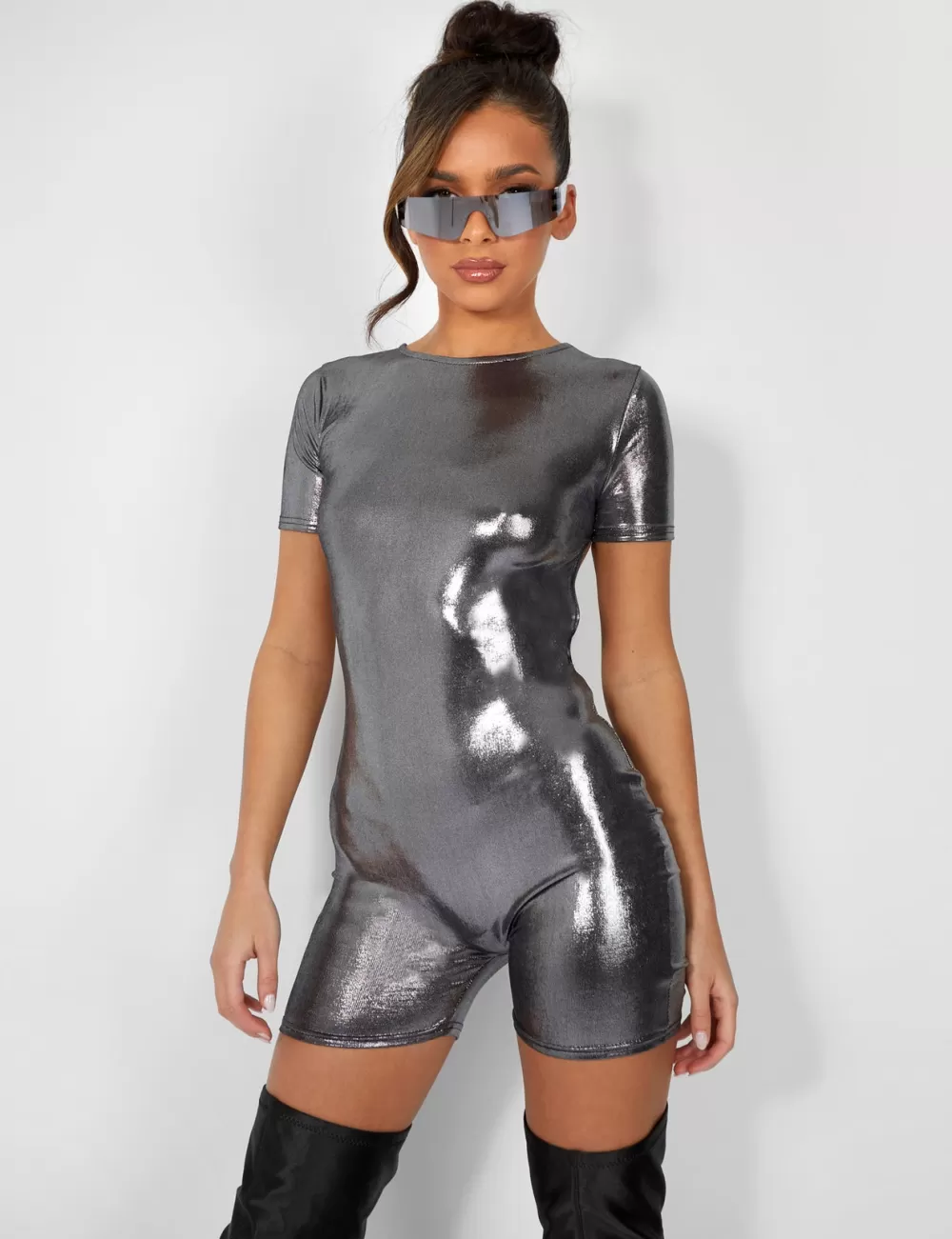 New Public Desire Metallic Open Back Detail Short Sleeve Unitard Playsuit Silver