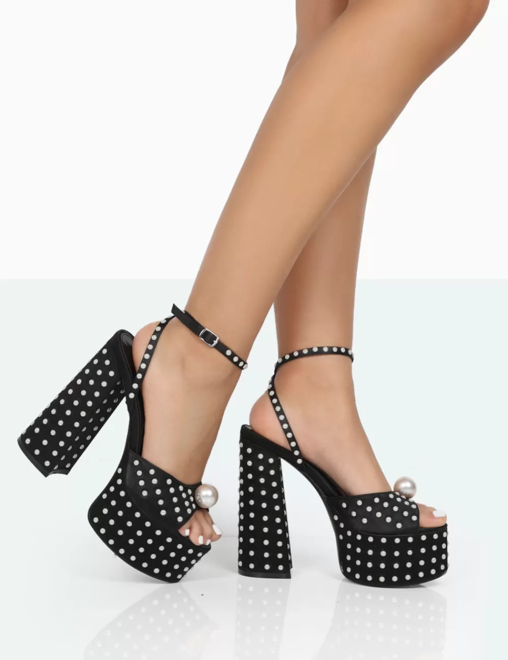 Outlet Public Desire Mia Black Satin Pearl Open Toe Block Platform Heels