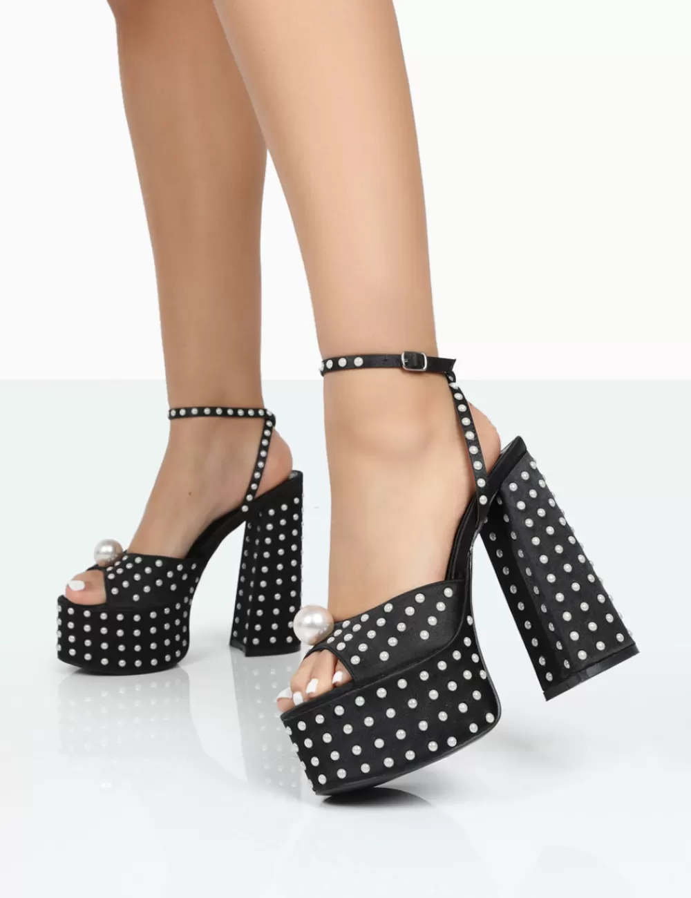 Outlet Public Desire Mia Black Satin Pearl Open Toe Block Platform Heels