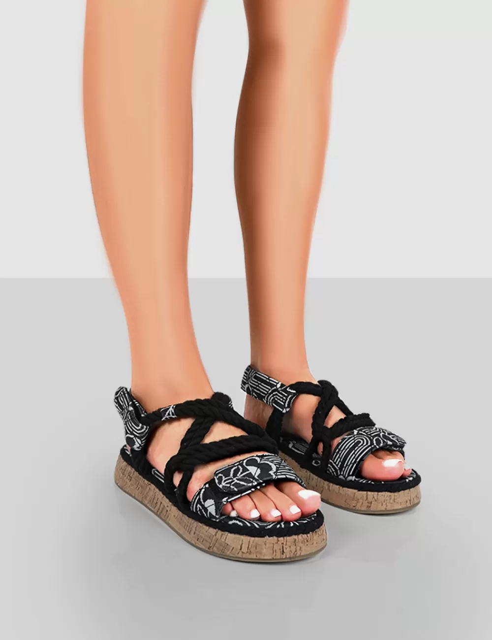 Discount Public Desire Miami Wide Fit Printed Rope Flatform Lace Up Sandals Black