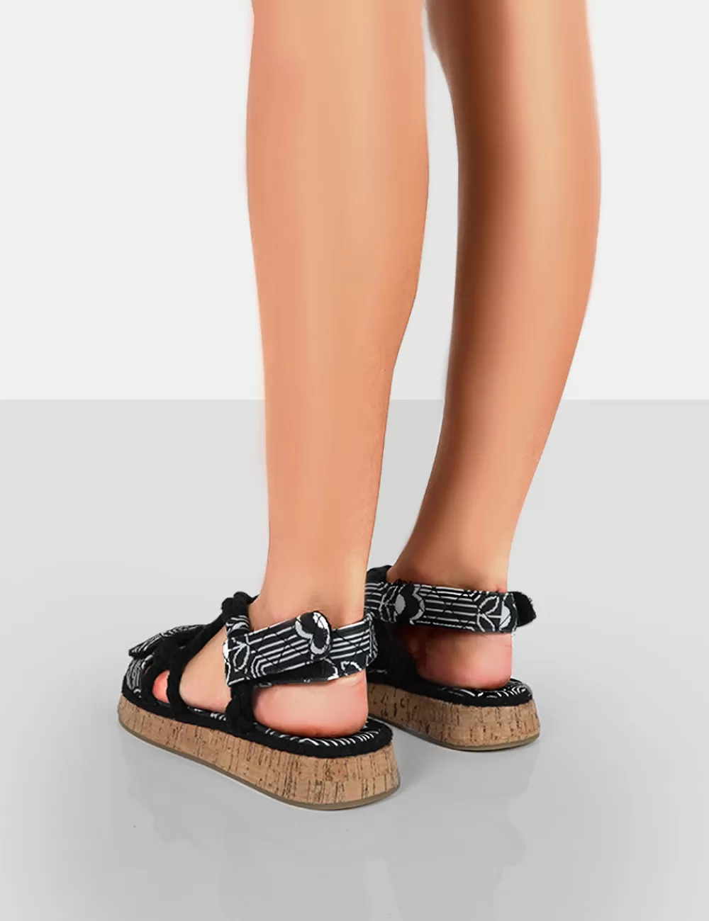 Discount Public Desire Miami Wide Fit Printed Rope Flatform Lace Up Sandals Black