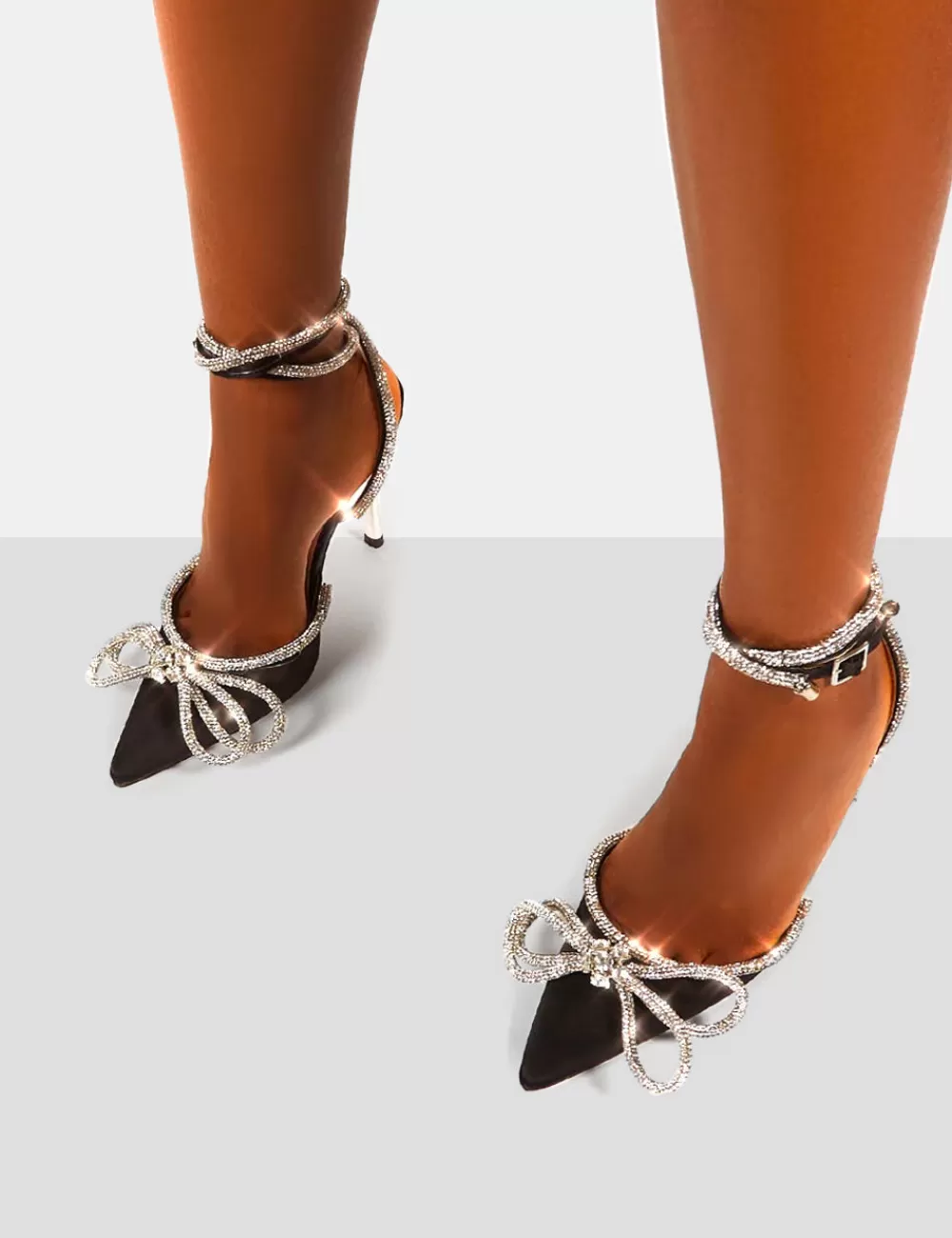 Online Public Desire Midnight Wrap Around Diamante Bow Pointed Toe High Heels Black