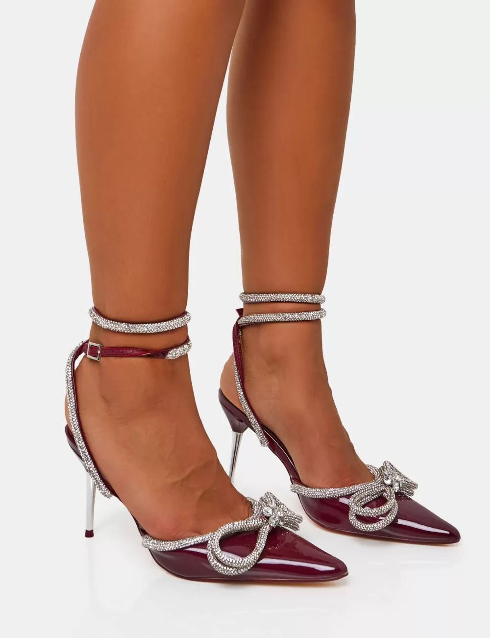 Cheap Public Desire Midnight Burgundy Patent Wrap Around Diamante Pointed Court Mid Heel Green