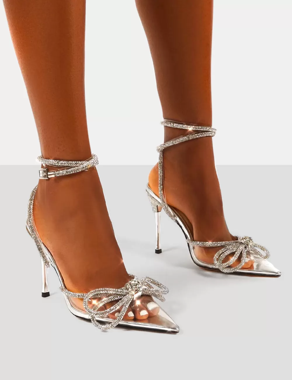 Discount Public Desire Midnight Perspex Wrap Around Diamante Bow Pointed Toe High Heels Clear
