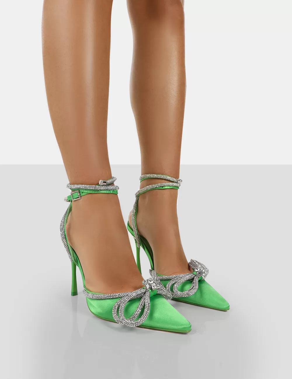 Online Public Desire Midnight Satin Wrap Around Bow Pointed Toe Court Heels Green