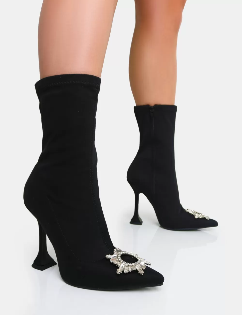 Fashion Public Desire Modena Nylon Diamantie Broach Cake Stand Heel Sock Ankle Boot Black