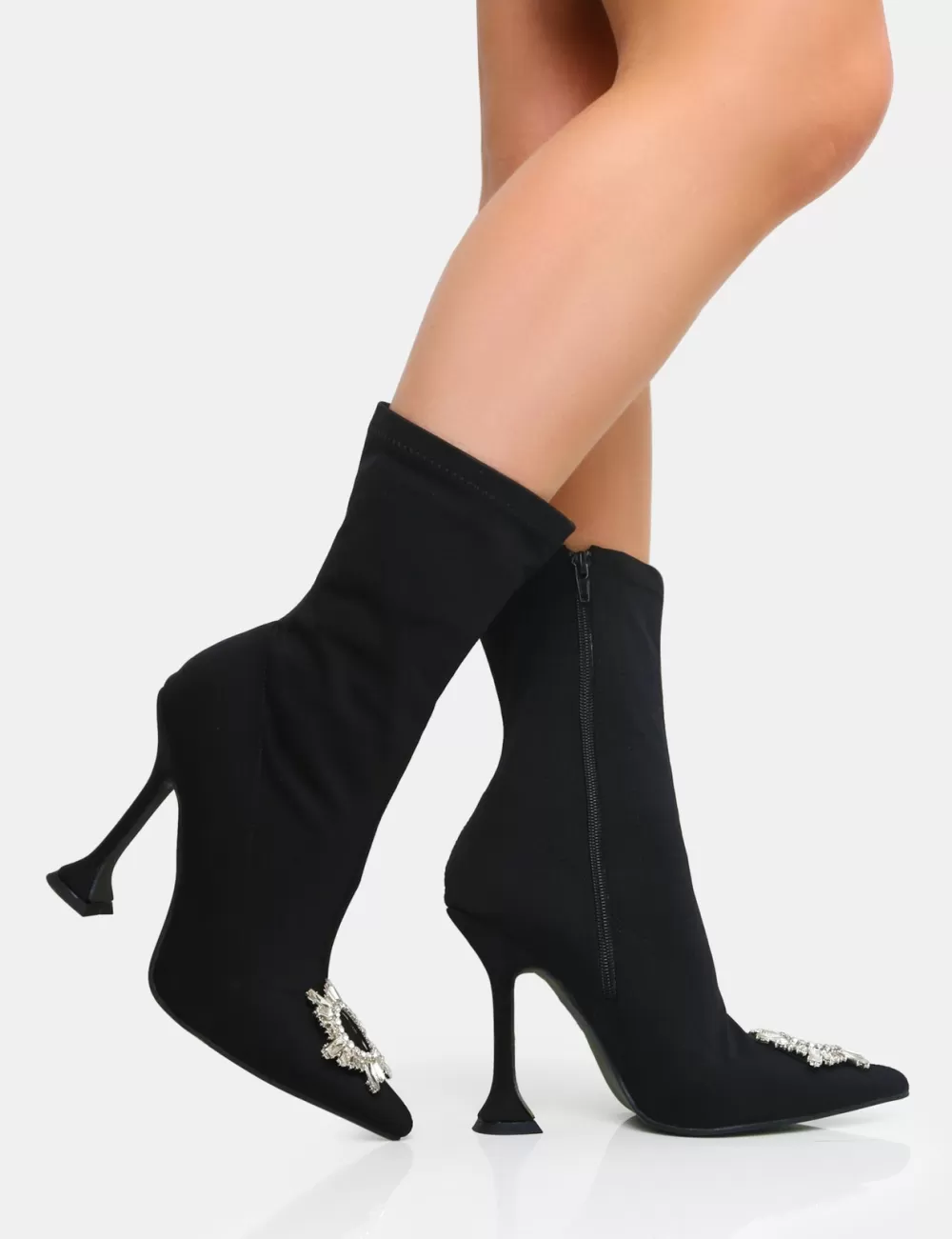 Fashion Public Desire Modena Nylon Diamantie Broach Cake Stand Heel Sock Ankle Boot Black