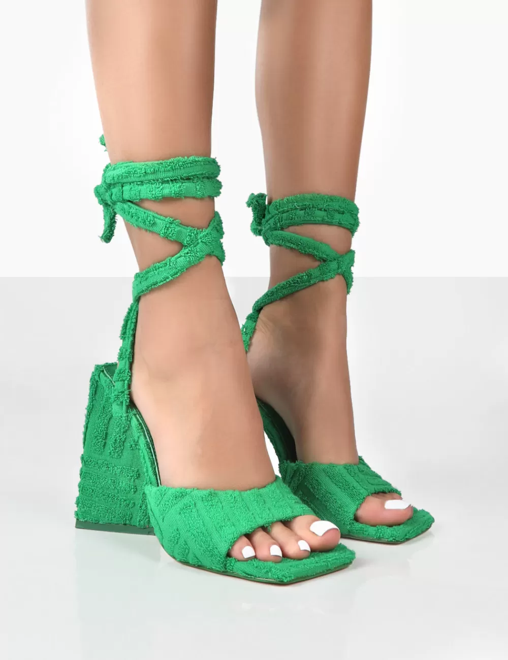 New Public Desire Mojito Towelling Lace Up Pyramid Block Heels Green