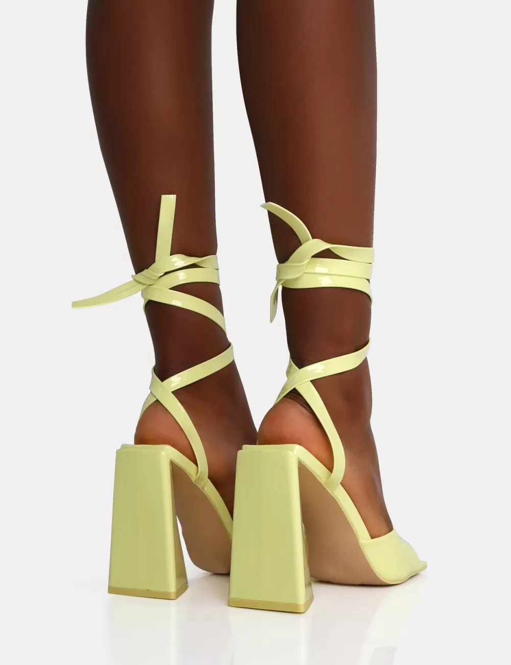 Best Public Desire Mojito Patent Lace Up Pyramid Block Heels Yellow