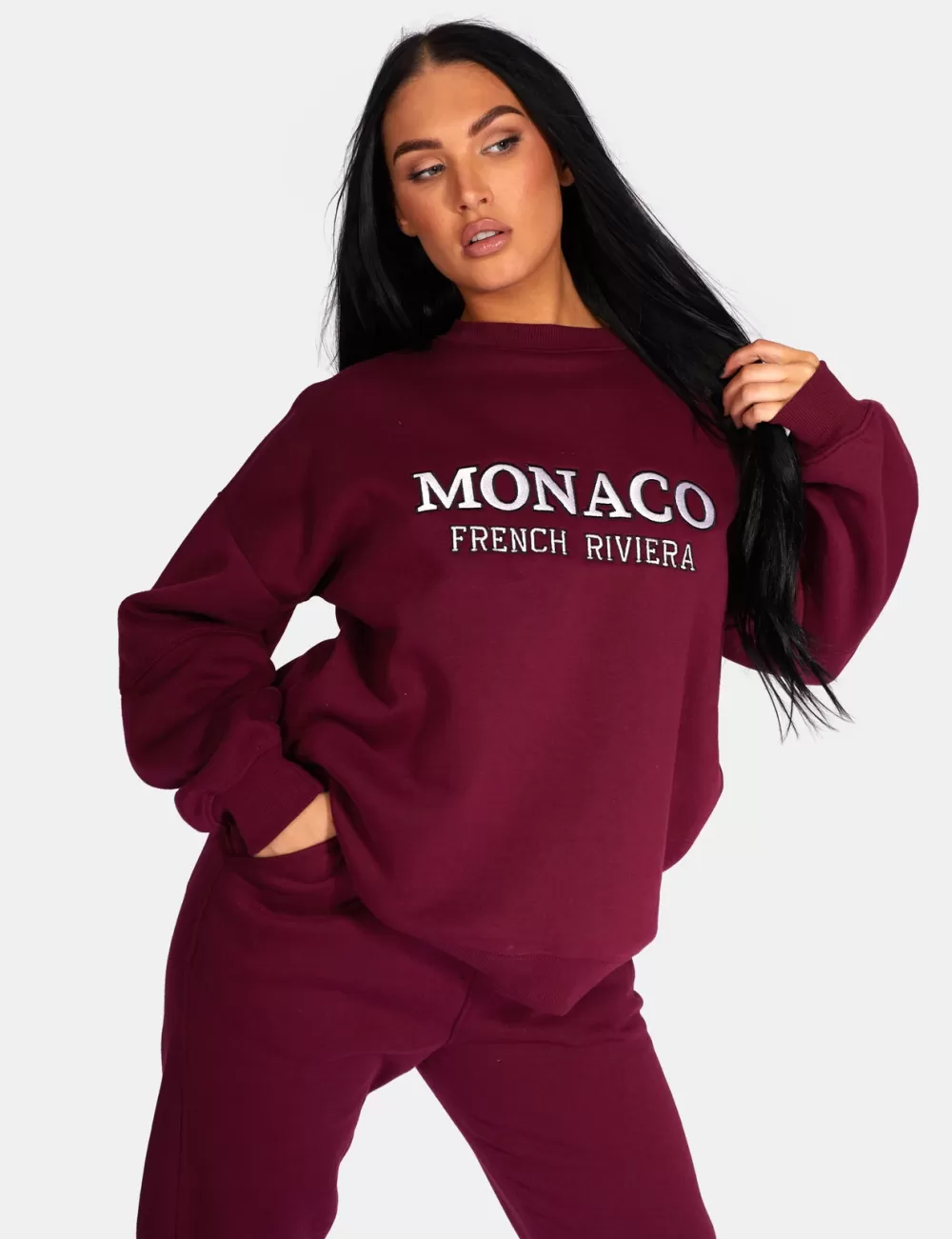 New Public Desire Monaco Embroidered Sweatshirt Berry Burgundy