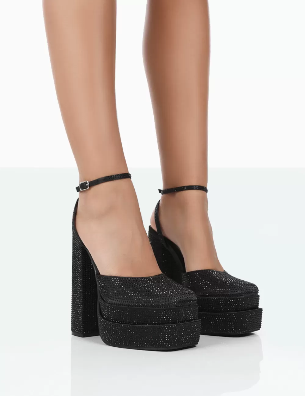 Online Public Desire Moonchild Sparkly Diamanté Satin Closed Toe Platform Block Heels Black