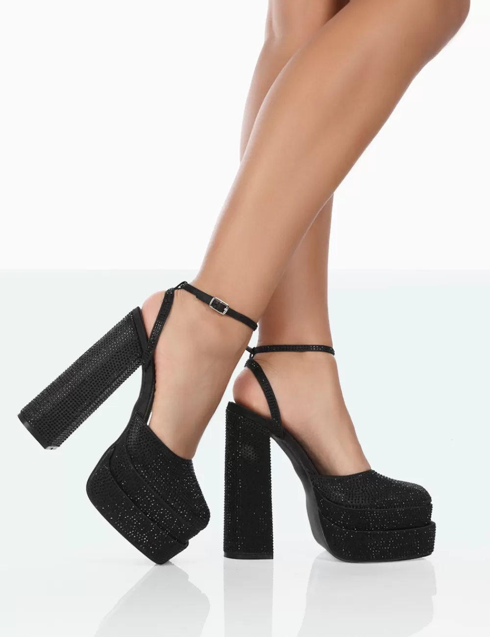 Online Public Desire Moonchild Sparkly Diamanté Satin Closed Toe Platform Block Heels Black
