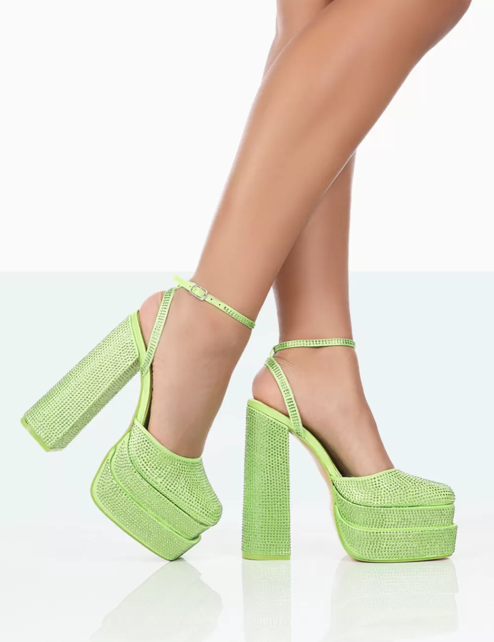Cheap Public Desire Moonchild Lime Sparkly Diamanté Satin Statement Platform Block Heels Green