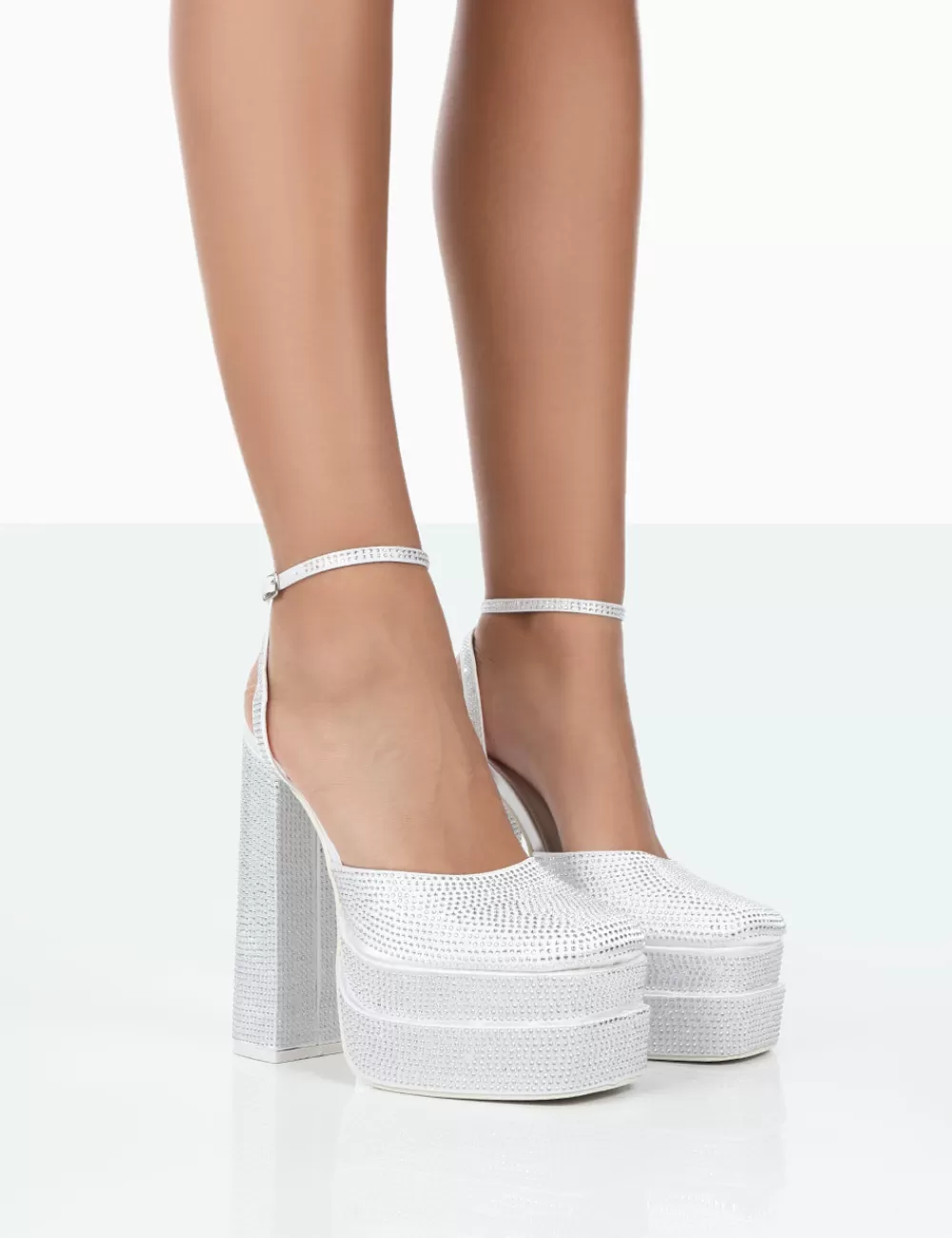 Clearance Public Desire Moonchild Diamanté Satin Closed Toe Platform Block Heels White