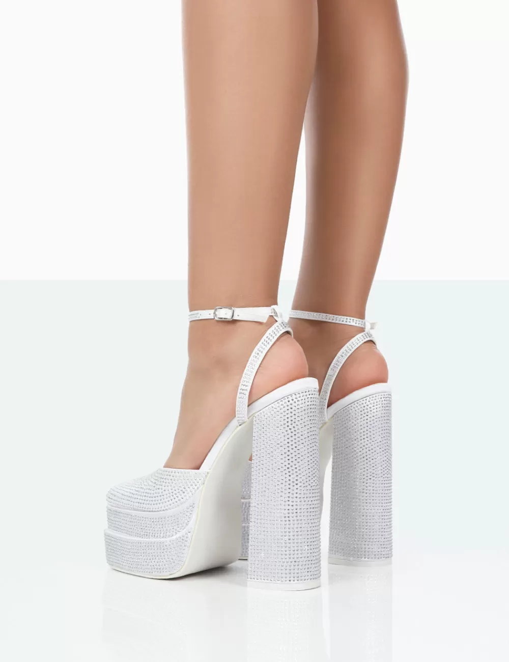 Clearance Public Desire Moonchild Diamanté Satin Closed Toe Platform Block Heels White