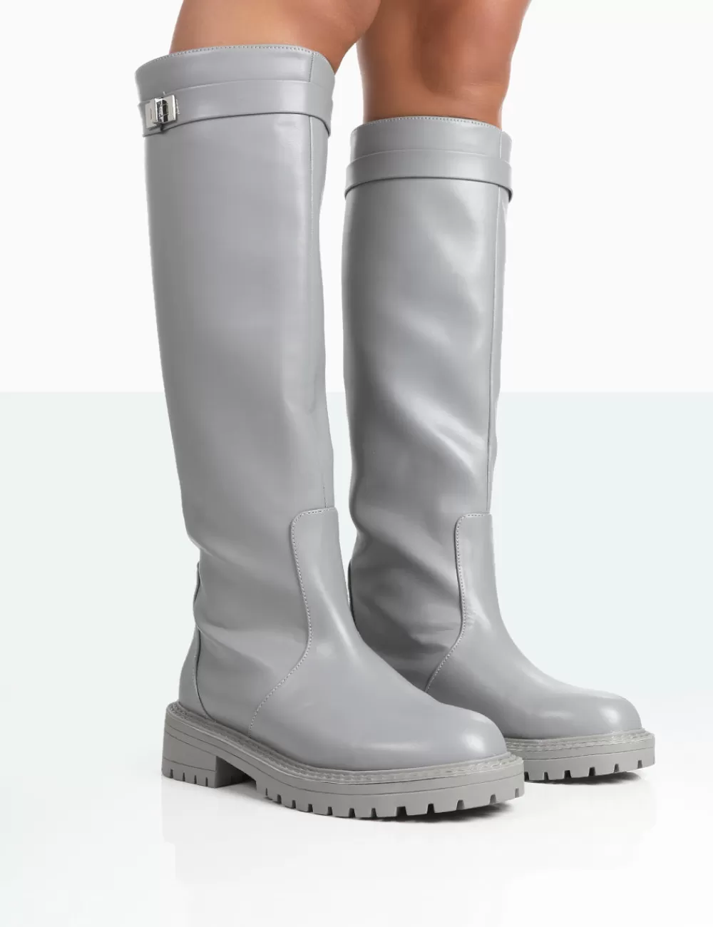 Outlet Public Desire More Fun PU Round Toe Chunky Sole Knee High Boots Grey