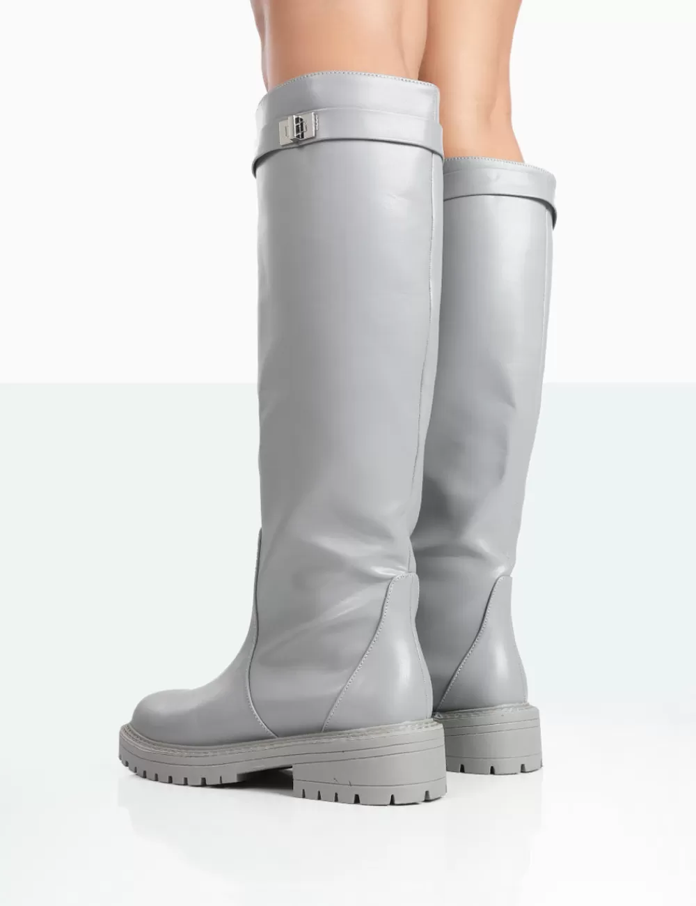 Outlet Public Desire More Fun PU Round Toe Chunky Sole Knee High Boots Grey