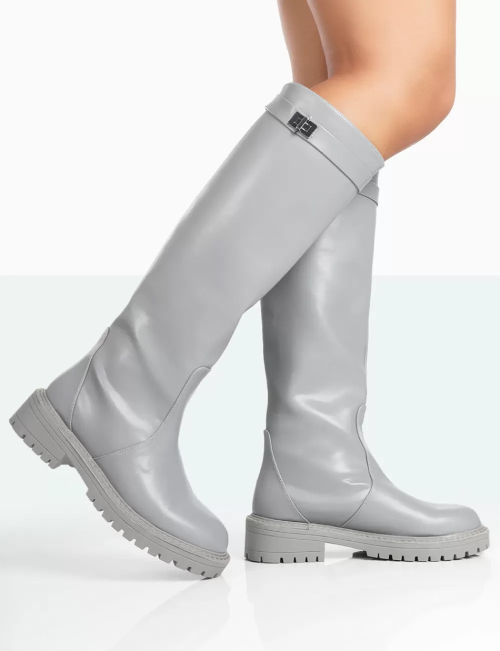Online Public Desire More Fun Wide Fit Pu Round Toe Chunky Sole Knee High Boots Grey